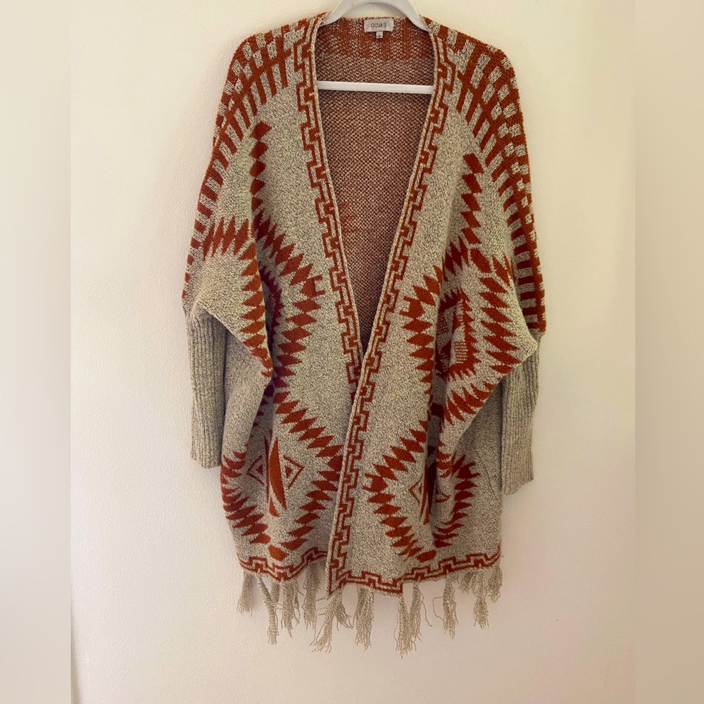 Oceanus Open Front Western/Aztec Tribal Cardigan with fringe hem size L